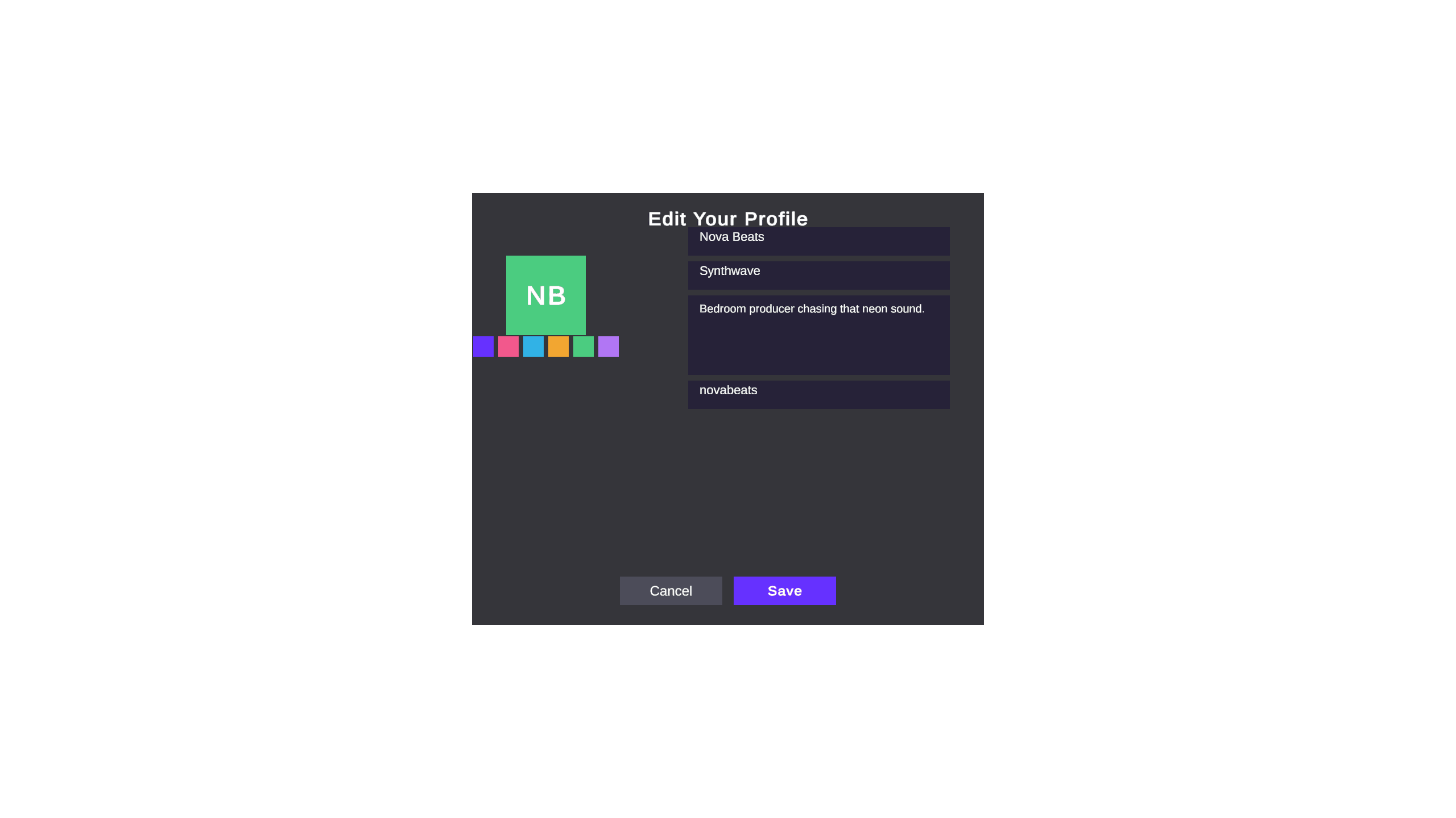 Edit Your Profile screen with artist name, genre, bio, and avatar color picker