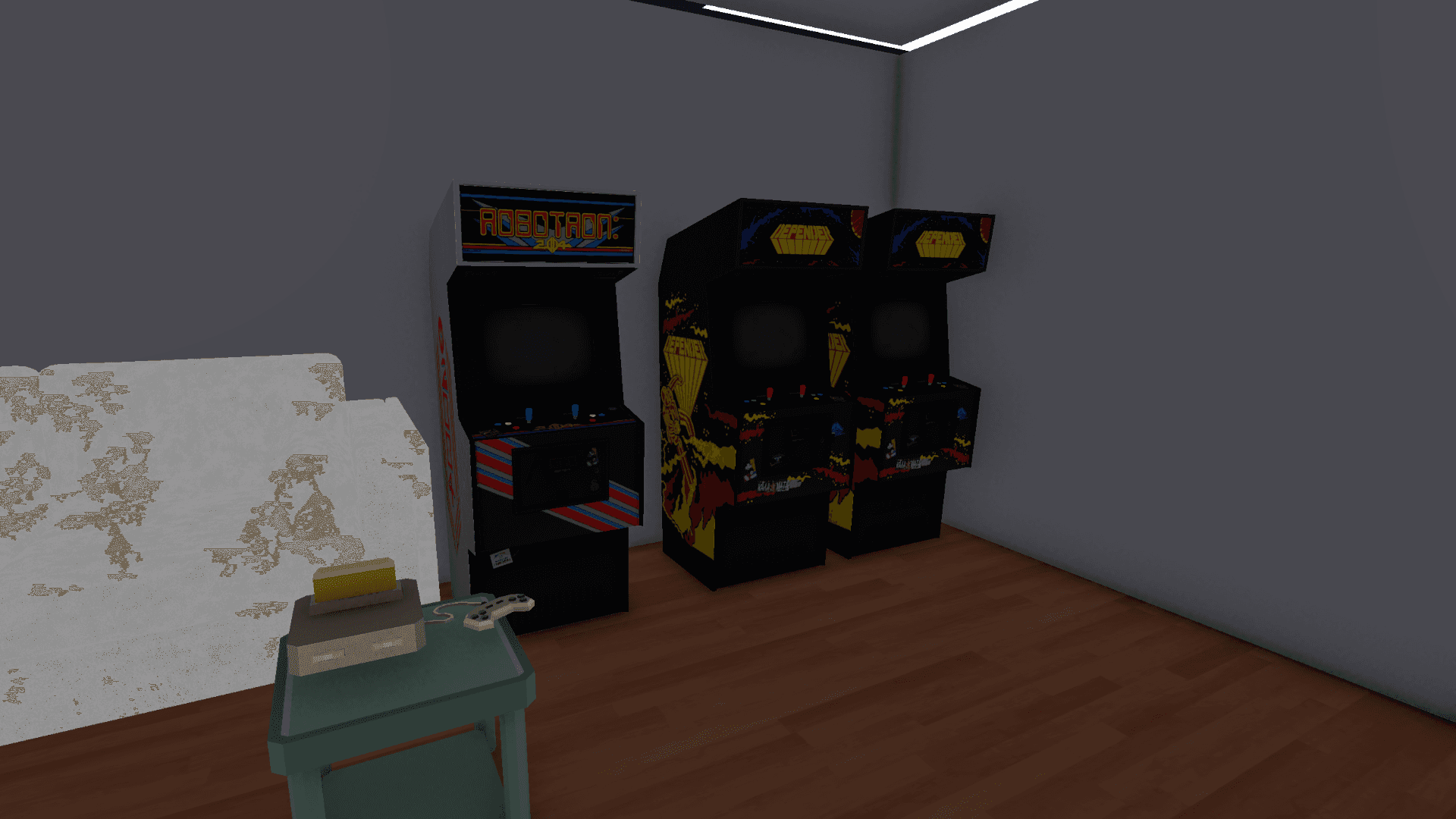 Game lounge with arcade cabinets and a sofa