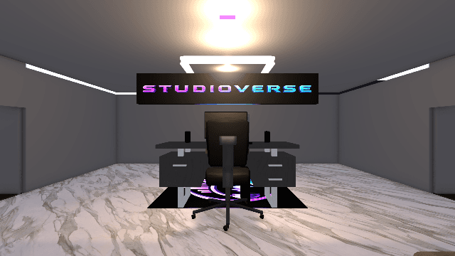 StudioVerse reception, with a glowing neon StudioVerse sign over the front desk