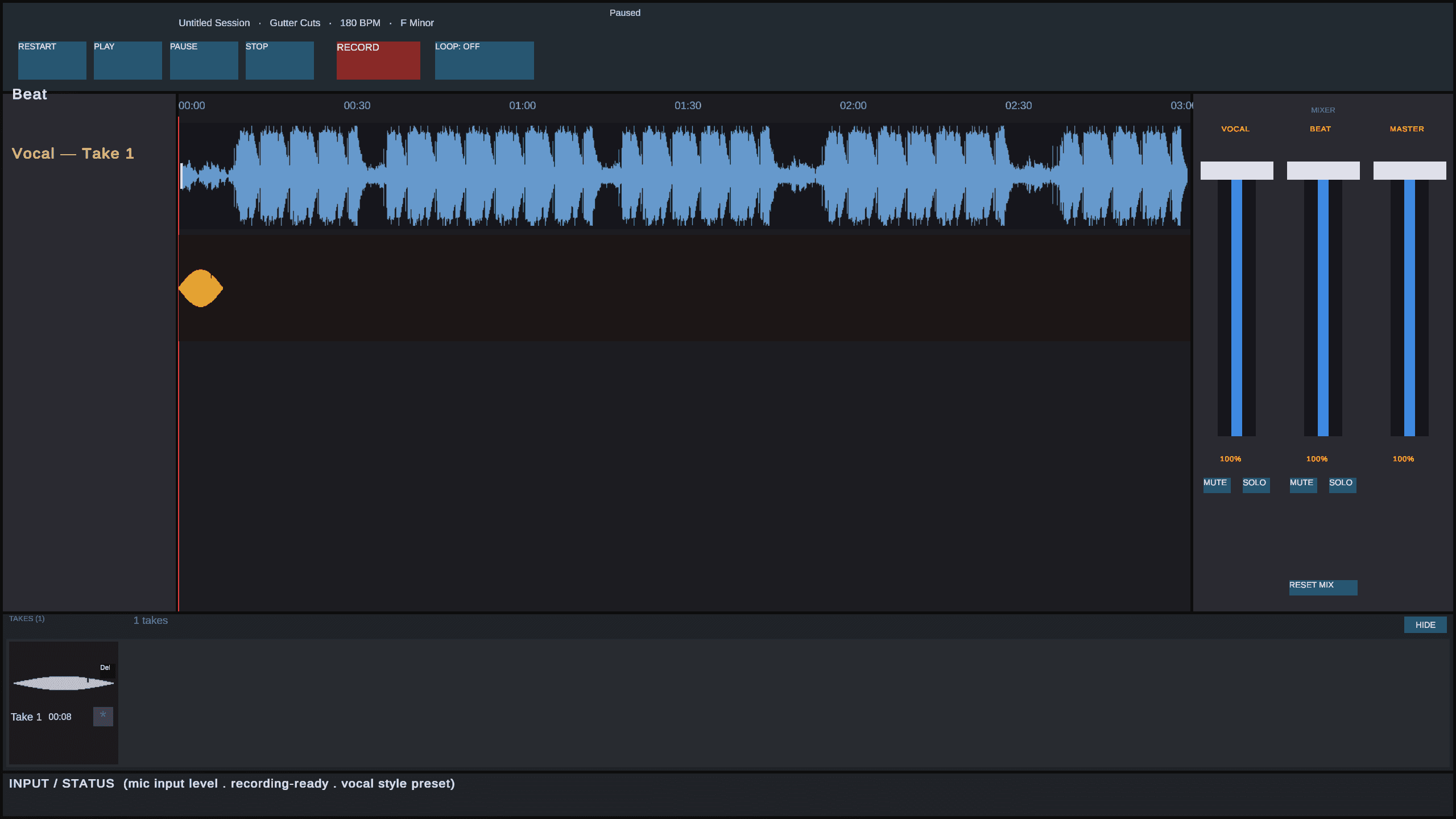 StudioVerse recording booth with a loaded beat, vocal take waveform, and mixer