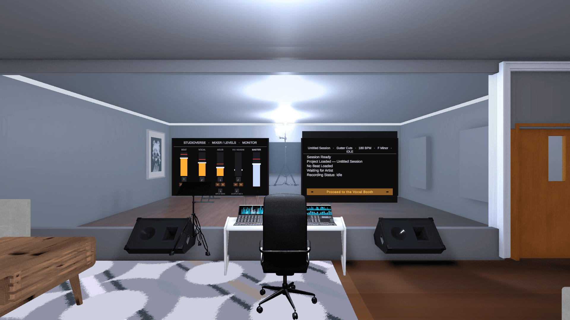 Studio B control room with a mixer desk and branded wall display